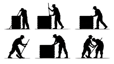 Delivery Worker Opening Crate with Crowbar Silhouettes isolated on plain white background.のイラスト素材