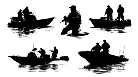 Police Marine Unit on Patrol Boat Silhouette Pack isolated on plain white background.のイラスト素材