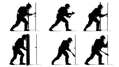 Police Battering Ram Door Breach Sequence Silhouettes isolated on plain white background.のイラスト素材
