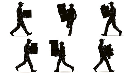 Delivery Man Carrying Stack of Boxes Silhouette Vector Set isolated on plain white background.のイラスト素材