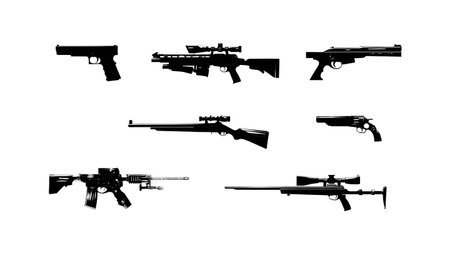 Police Firearms and Weapons Silhouette Icon Pack isolated on plain white background.のイラスト素材