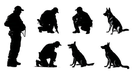 Police K9 Unit Dog Handler Black Silhouette Set isolated on plain white background.のイラスト素材