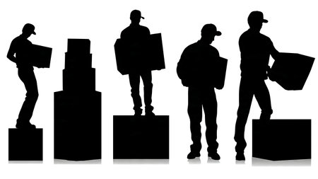 Proper Box Stacking Technique Delivery Man Silhouettes isolated on plain white background.のイラスト素材