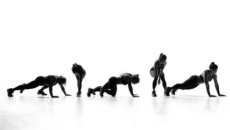Animal Flow Primal Movements with Female Trainer Silhouettes isolated on plain white background.