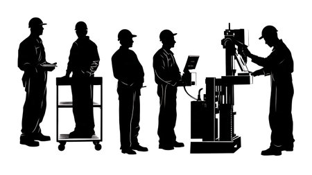 Industrial Worker Mentorship and Training Silhouettes isolated on plain white background.