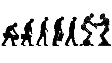 Evolution of Manufacturing from Manual to Automation Silhouettes isolated on plain white background.