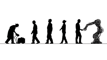 Evolution of Manufacturing from Manual to Automation Silhouettes isolated on plain white background.