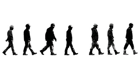 Industrial Workers in a Line Silhouette Series isolated on plain white background.