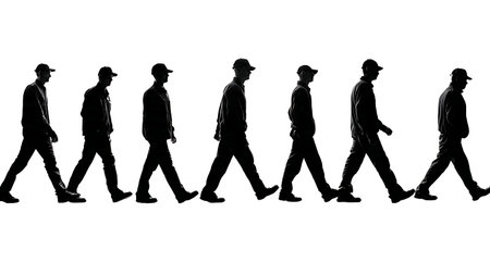 Industrial Workers in a Line Silhouette Series isolated on plain white background.