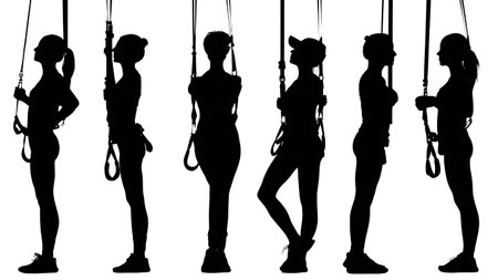 TRX Suspension Training with Female Coach Silhouettes isolated on plain white background.