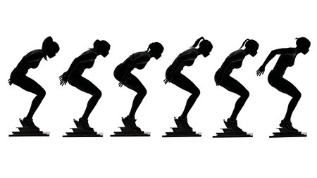 Female Trainer in Sprinter's Starting Pose Silhouettes isolated on plain white background.