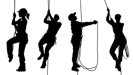 Rope Climbing Workout with Female Trainer Silhouettes isolated on plain white background.