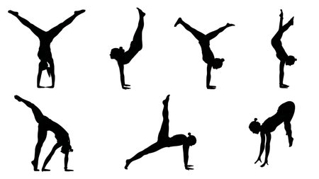 Advanced Calisthenics with Female Trainer Silhouettes isolated on plain white background.