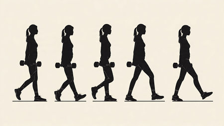 Walking Lunges with Female Trainer Silhouettes isolated on plain white background.