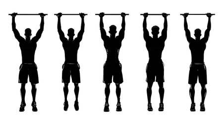 Pegboard Climbing Workout with Male Trainer Silhouettes isolated on plain white background.