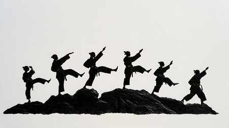 Karate on a Mountain Top Silhouette Scene isolated on plain white background.