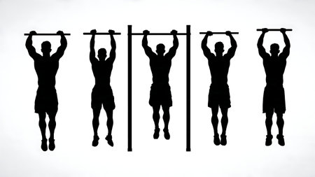 Pull-Up and Chin-Up Variations Male Trainer Silhouettes isolated on plain white background.