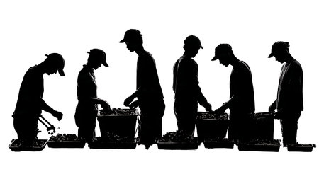 Workers Manually Sorting Small Parts Silhouette Set isolated on plain white background.