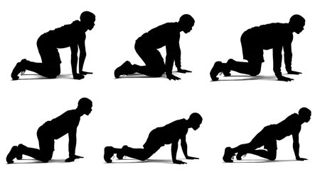 Bear Crawl Bodyweight Exercise with Male Trainer Silhouettes isolated on plain white background.