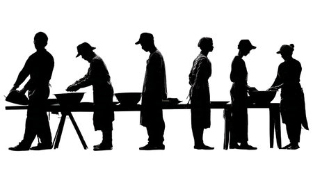 Panoramic Assembly Line Worker Silhouette Scene isolated on plain white background.