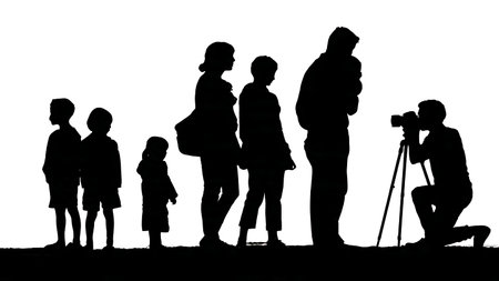 Family Taking a Beach Photo with a Tripod Silhouette isolated on plain white background.