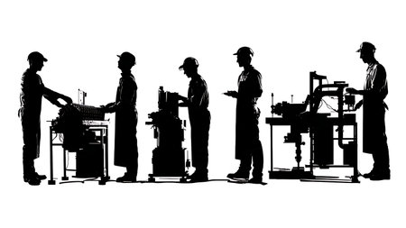 High-Speed Assembly Line Worker Silhouette Set isolated on plain white background.