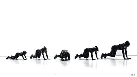 Animal Flow Primal Movements with Female Trainer Silhouettes isolated on plain white background.