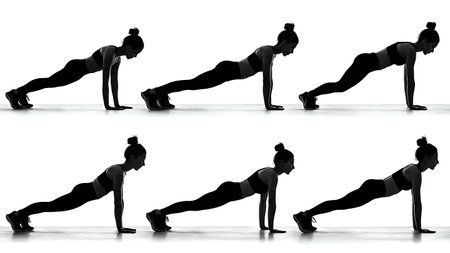 Plank Exercise Variations with Female Trainer Silhouettes isolated on plain white background.