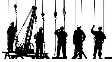 Factory Heavy Lifting and Crane Operator Silhouettes isolated on plain white background.