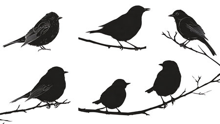 Black solid bird silhouettes on a branch with varied poses isolated on plain white background.のイラスト素材