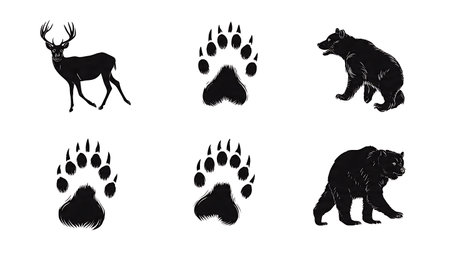 Animal Tracks for Hunting and Tracking Silhouette Collection isolated on plain white background.のイラスト素材