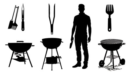 Barbecue Grill and BBQ Tools Silhouette Set isolated on plain white background.のイラスト素材