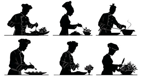 Chef Adding Final Garnish to a Dish Silhouette Set isolated on plain white background.のイラスト素材