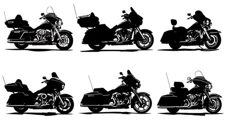 Bagger-Style Touring Motorcycle Silhouette Collection isolated on plain white background.のイラスト素材