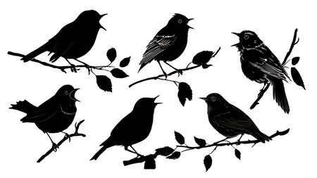 Songbird silhouettes singing on a leafy branch, black isolated on plain white background.のイラスト素材