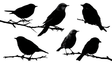 Black solid bird silhouettes on a branch with varied poses isolated on plain white background.のイラスト素材