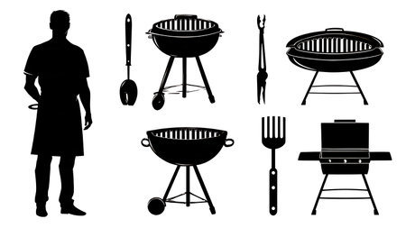 Barbecue Grill and BBQ Tools Silhouette Set isolated on plain white background.のイラスト素材