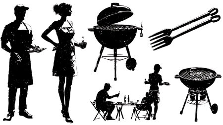 Barbecue Grill and BBQ Tools Silhouette Set isolated on plain white background.のイラスト素材