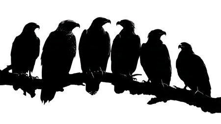Raptor bird silhouettes on a rugged branch, imposing isolated on plain white background.