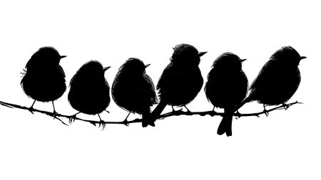 Birds looking backward on a branch, inquisitive silhouettes isolated on plain white background.のイラスト素材