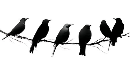 Birds with streamlined bodies on a sleek branch, silhouettes isolated on plain white background.のイラスト素材