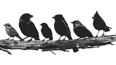 Forest bird silhouettes on a rustic textured branch isolated on plain white background.のイラスト素材