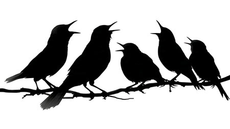 Birds with open beaks communicating on a branch isolated on plain white background.のイラスト素材