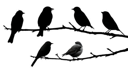 Black solid bird silhouettes set of six on a branch, white background isolated on plain white background.のイラスト素材