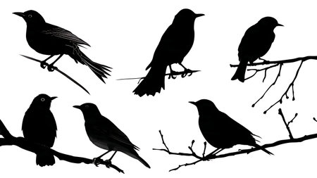 Birds with varied wing tucks and stretches on a branch isolated on plain white background.のイラスト素材