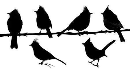 Bird silhouettes with crests and tail feathers on branch isolated on plain white background.のイラスト素材