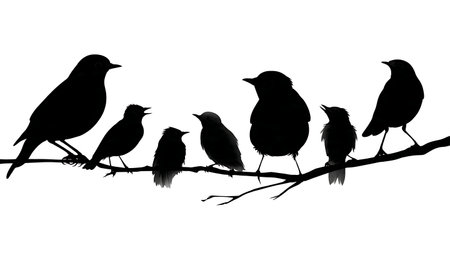 Bird family silhouettes on a branch, black solid isolated on plain white background.のイラスト素材