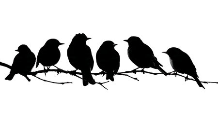 Migratory bird silhouettes resting on a branch isolated on plain white background.のイラスト素材