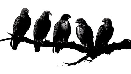 Raptor bird silhouettes on a rugged branch, imposing isolated on plain white background.