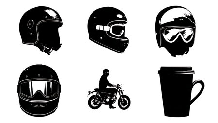 Cafe Racer and Biker Lifestyle Element Silhouette Set isolated on plain white background.のイラスト素材